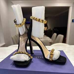 Stuart Weitzman 100 ROSIST gold rose studded suede sandal pumps black